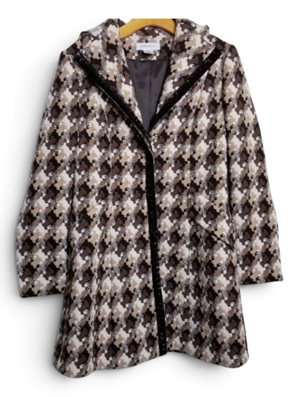Vintage Nine West Wool Tweed Coat S Houndstooth Sequin Velvet Trim Brown & Cream
